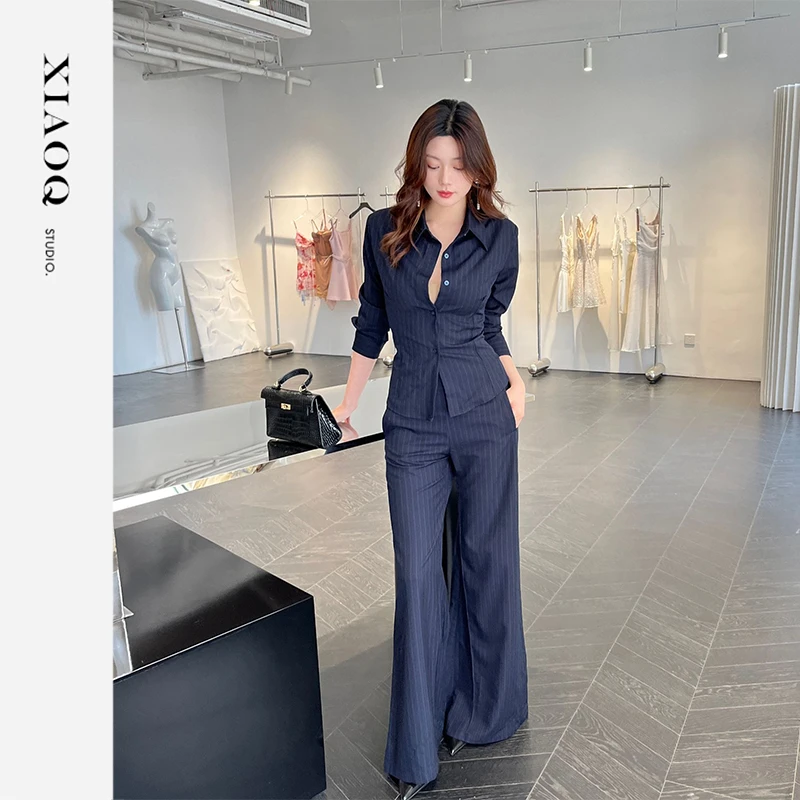 【小Q家】88450藏蓝收腰条纹高级感衬衫喇叭裤两件套装（不含腰带）