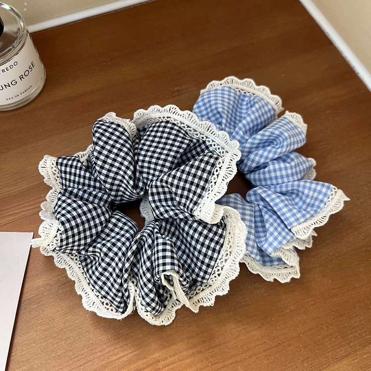 韩版超大裙边大肠发圈格子蕾丝款蓝色发圈温柔芭蕾风黑格马尾头饰