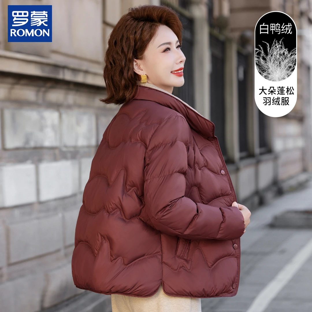 罗蒙妈妈装冬季气质羽绒服短款蓬松中老年女装冬装时尚白鸭绒外套