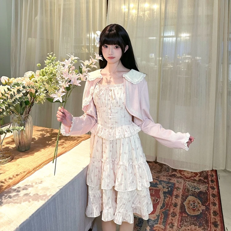 飞行日记春茶与诗春季甜美少女显瘦开衫碎花吊带连衣裙