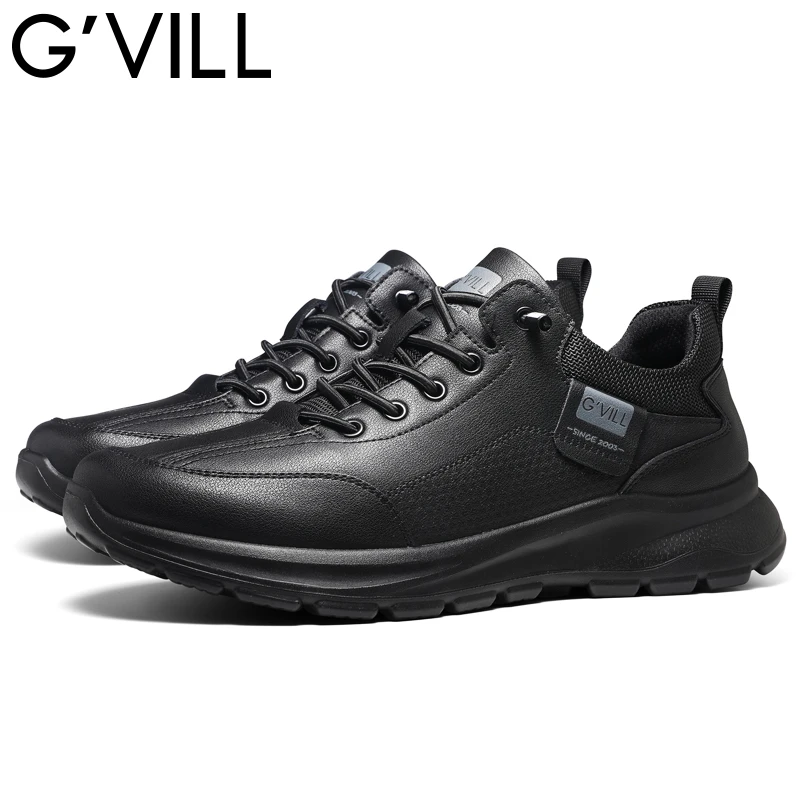 G’VILL/贵之步黑色圆头男士耐磨皮鞋防滑秋季户外防水休闲鞋百搭