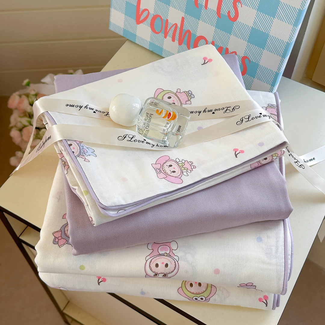 A类ins纯棉双层纱床上四件套全棉卡通布布印花被套床单三件套床笠