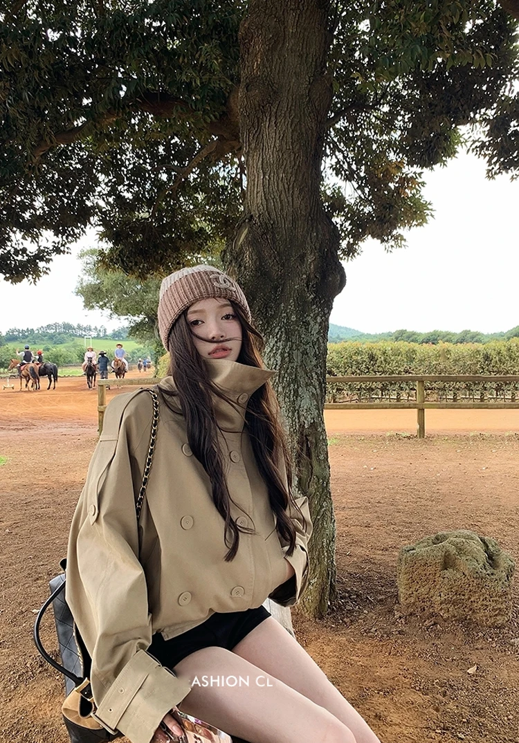 LL Online Ac*e25SS秋季新款英伦风设计感立领短款韩系风衣外套女