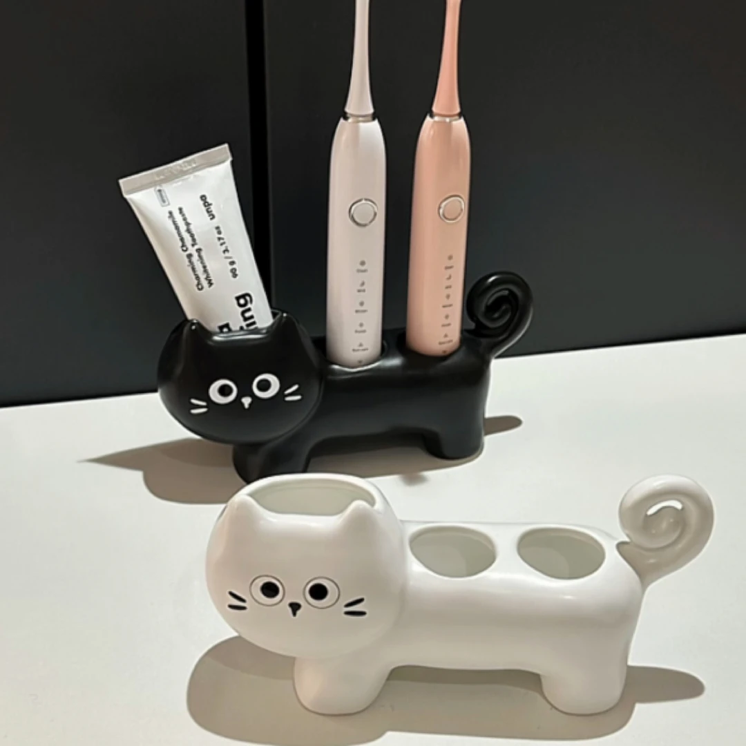 MOMO趴趴猫陶瓷电动牙刷架子置物架情侣牙膏放置洗漱台面底座支架