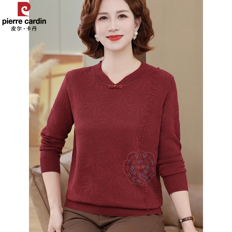 皮尔卡丹秋季新款长袖打底衫洋气妈妈装春秋针织衫中老年女上衣宽
