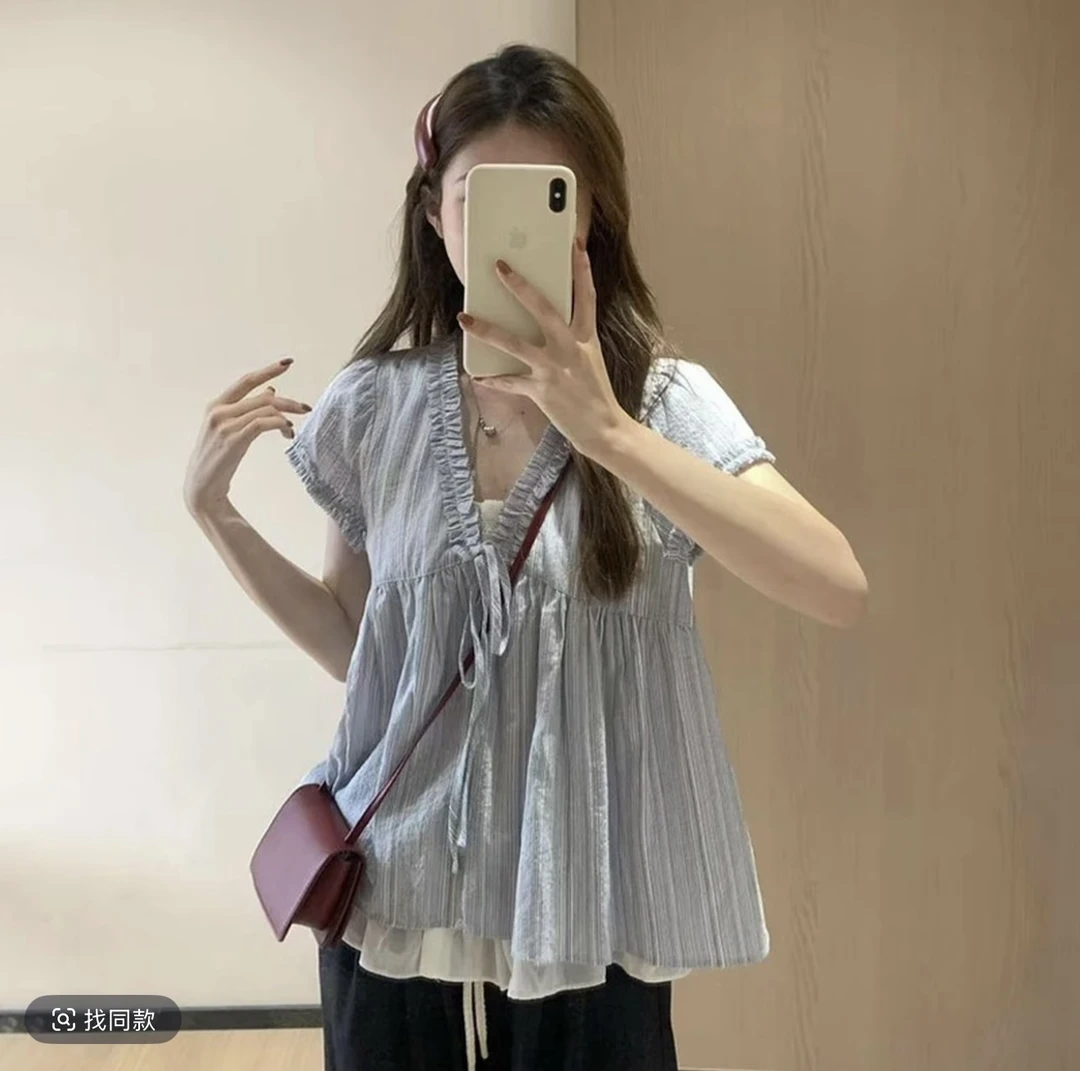 【送运费险】2025新款夏季气质通勤假两件宽松衬衫条纹薄款显瘦短袖