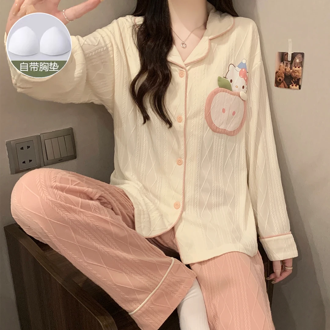 带胸垫长袖睡衣女春秋冬季卡通韩版宽松女士睡衣可外穿家居服套装