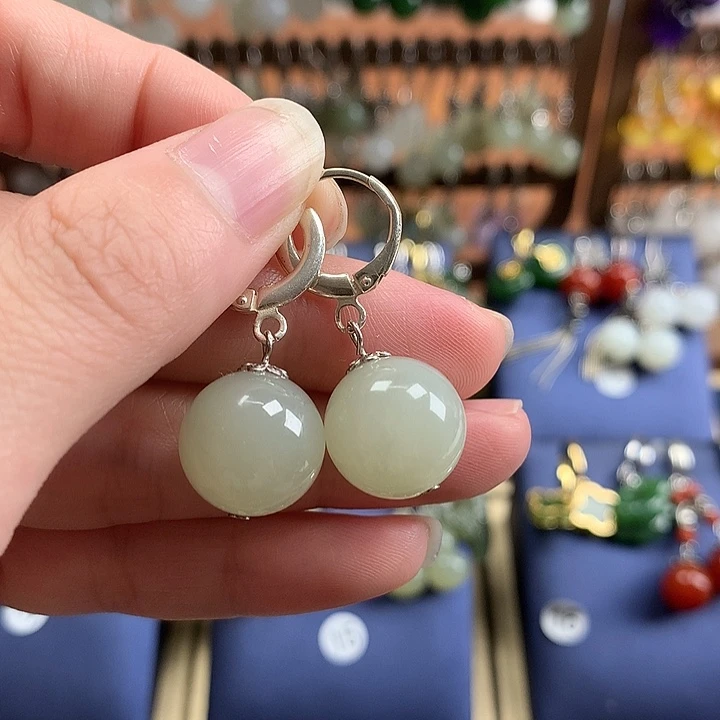 和田玉银S925镶嵌耳饰14左右和田玉晴水