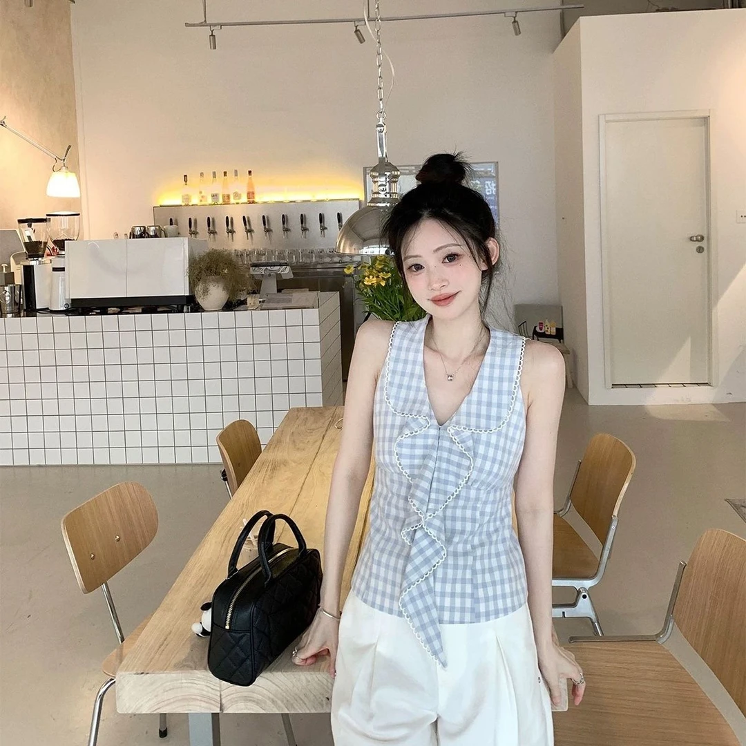 复古格纹辣妹蓝色设计无袖高级格子花边背心夏季新款显瘦收腰上衣