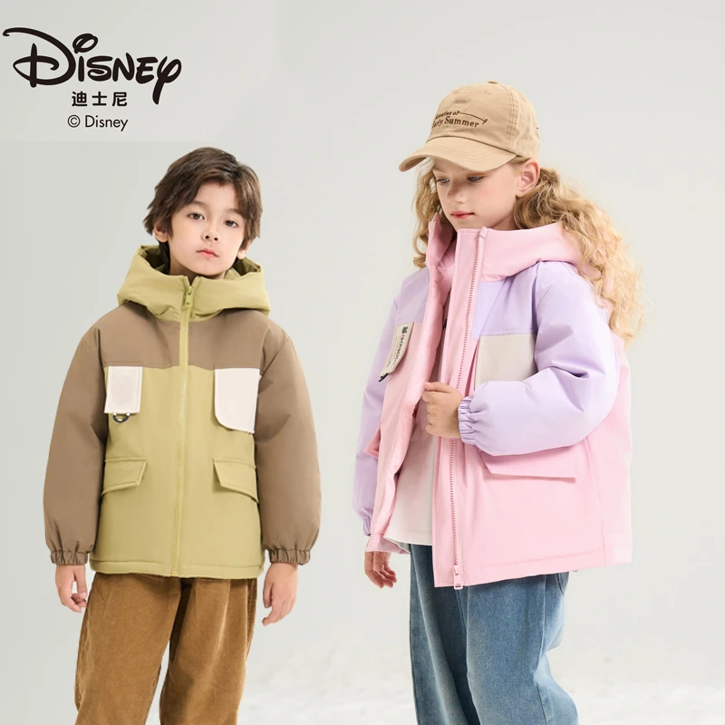 迪士尼儿童羽绒服冬季保暖外套男女童户外拼色童装外套391