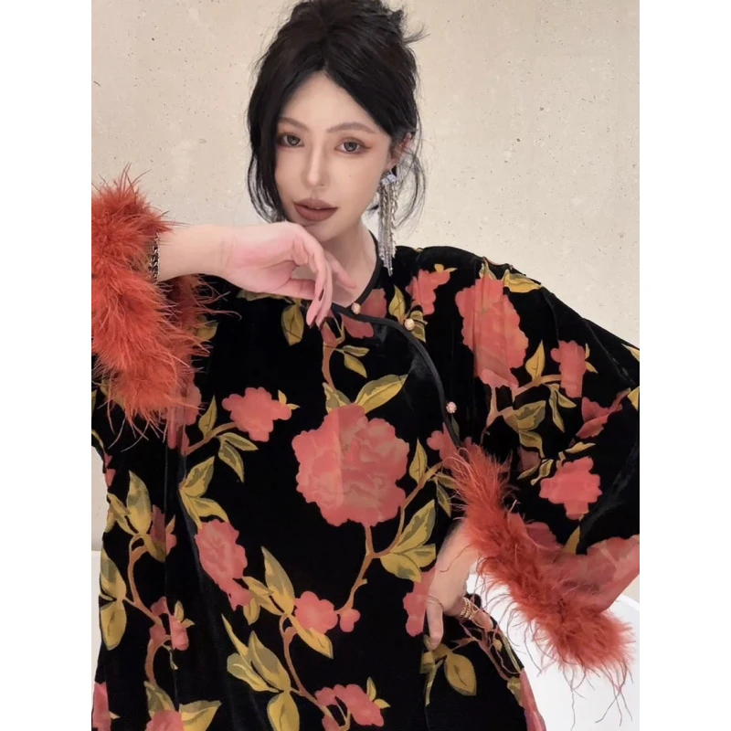 高温妮【干枯玫瑰】复古植绒斜襟新中式廓形长袖上衣 5e52514