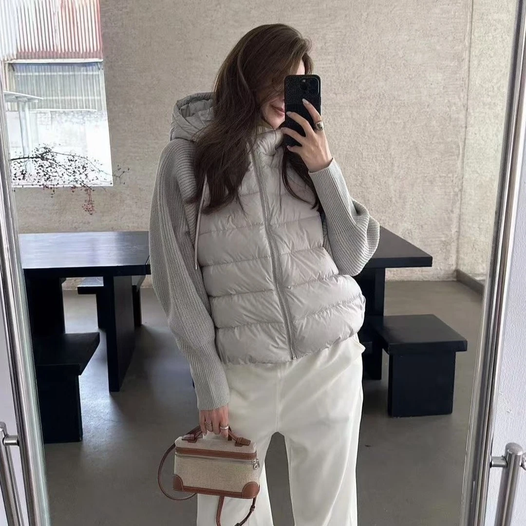 2025新款羽绒棉服女装短款针织拼接连帽假两件冬季轻薄款时尚外套