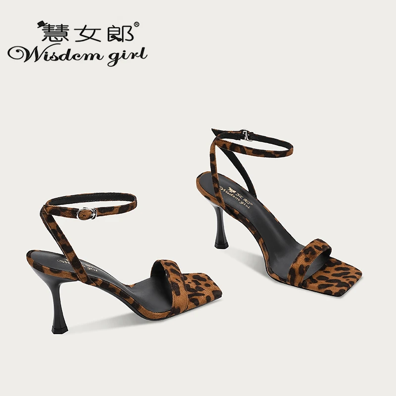 加肥加宽新款方头气质水钻一字带豹纹凉鞋女凉拖鞋宽胖脚可穿