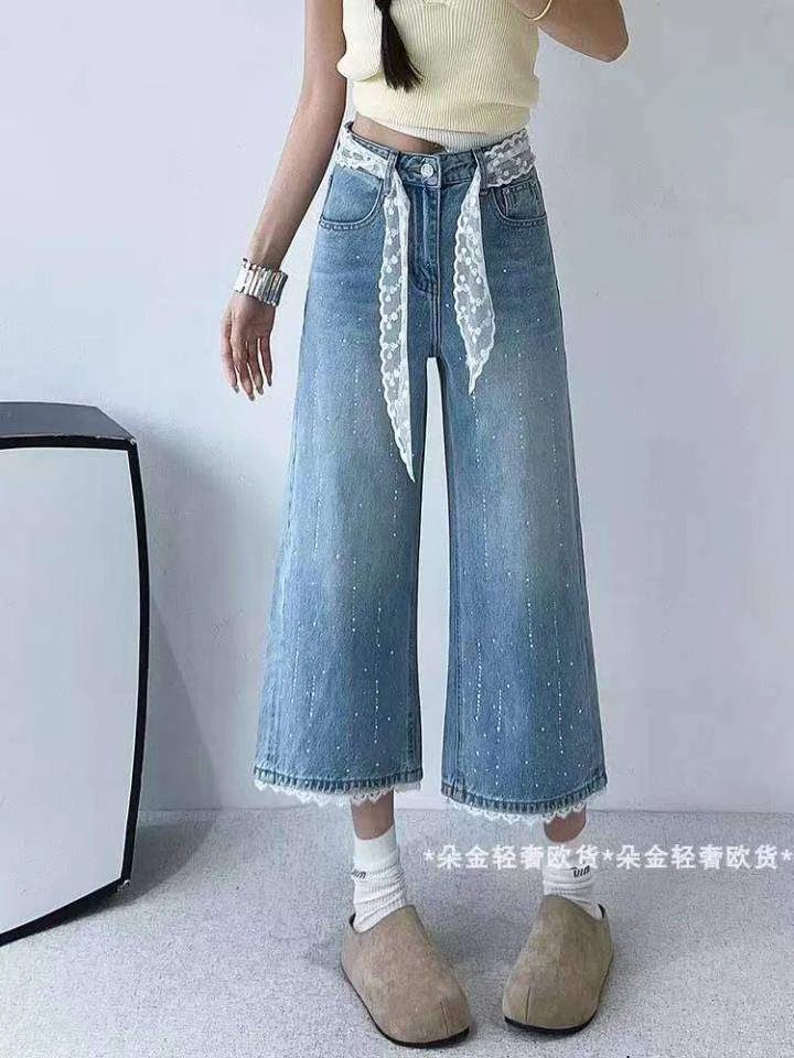 0183重工烫钻设计蕾丝七分裤牛仔裤