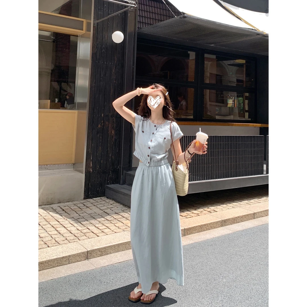 【淡人天菜】小个子夏气质女时尚上衣显瘦半身裙两件套装洋气衣服