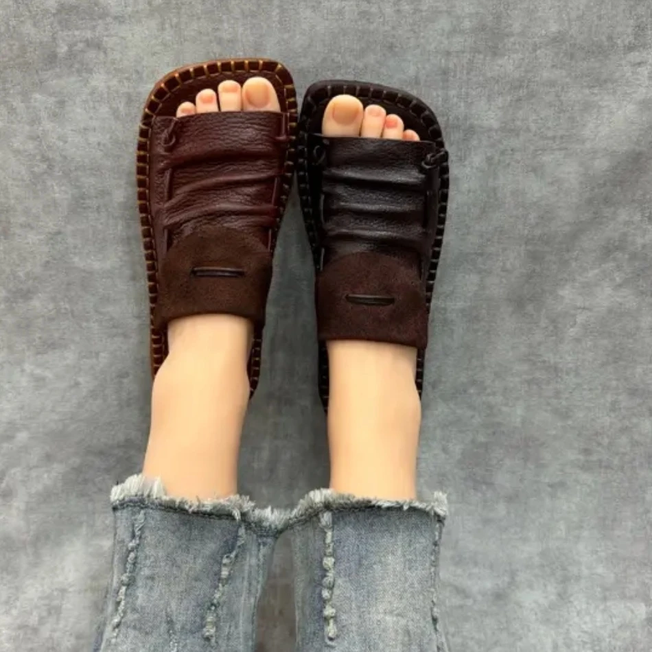 1319-105夏季新品复古手工牛皮平底一字拖舒适百搭透气女士拖鞋