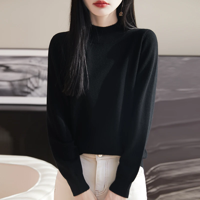 秋冬36支精仿100%羊毛衫平面半高领大码短款内搭女