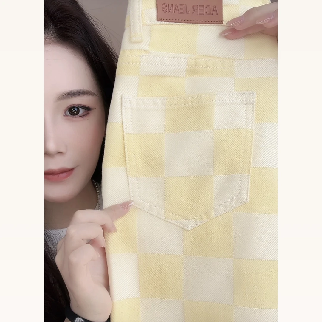 【雲雲-专属】春秋新款窄版棋盘格高腰阔腿裤时尚潮流牛仔裤