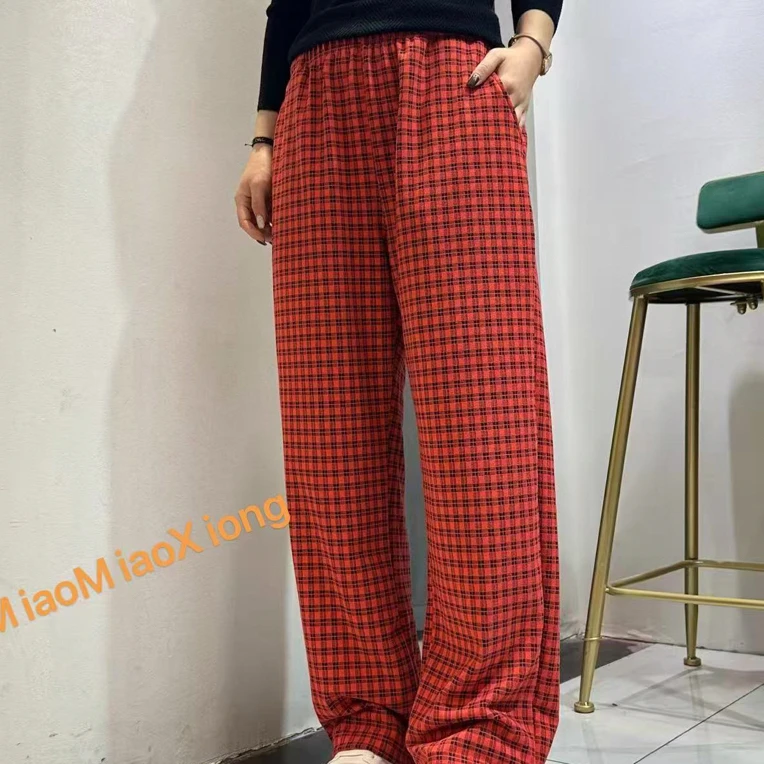 秋冬暖气房女士家居口袋版双面磨毛保暖休闲格条纹宽松大码长裤