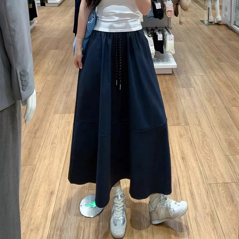 藏青色拼接工装裙女夏季新款宽松垂感a字半身裙休闲小个子中长裙