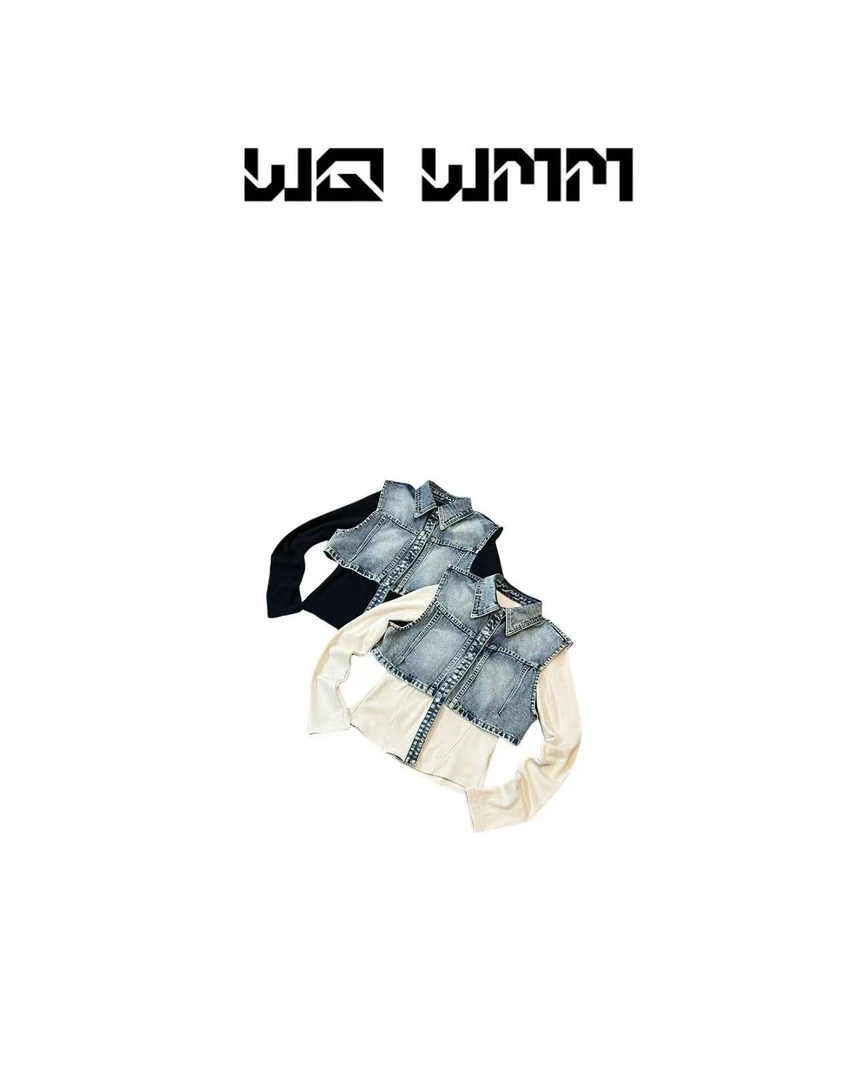 【WQWMM】小众设计时髦精气质拼接假两件时尚牛仔马甲上衣25A12073