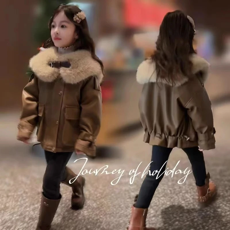 女童加绒皮衣外套2025秋冬装新款中大儿童装女孩冬季加厚衣服洋气