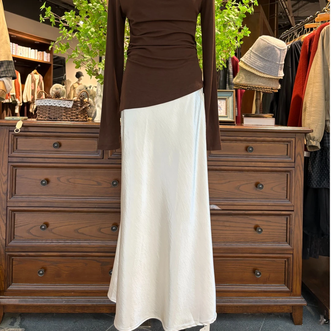 榛果家半裙|白色气质女人松紧腰缎面醋酸鱼尾裙