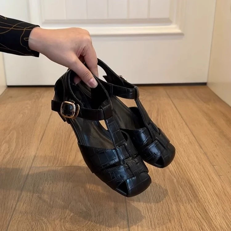 羊皮版~复古露趾猪笼鞋女新款真皮镂空透气凉鞋复古包头镂空凉鞋