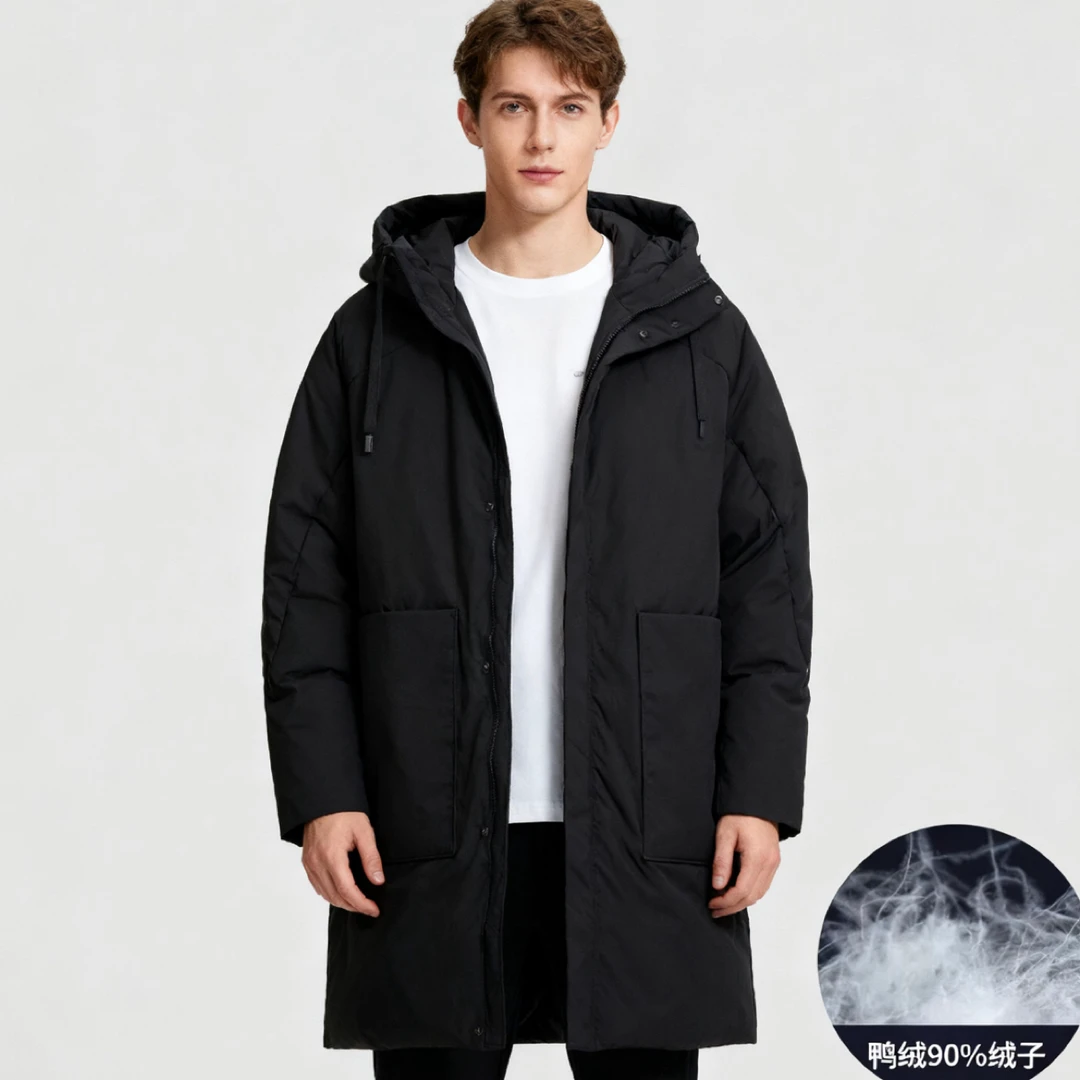 大码男白鸭绒连帽多口袋宽松冬季外套男棉服