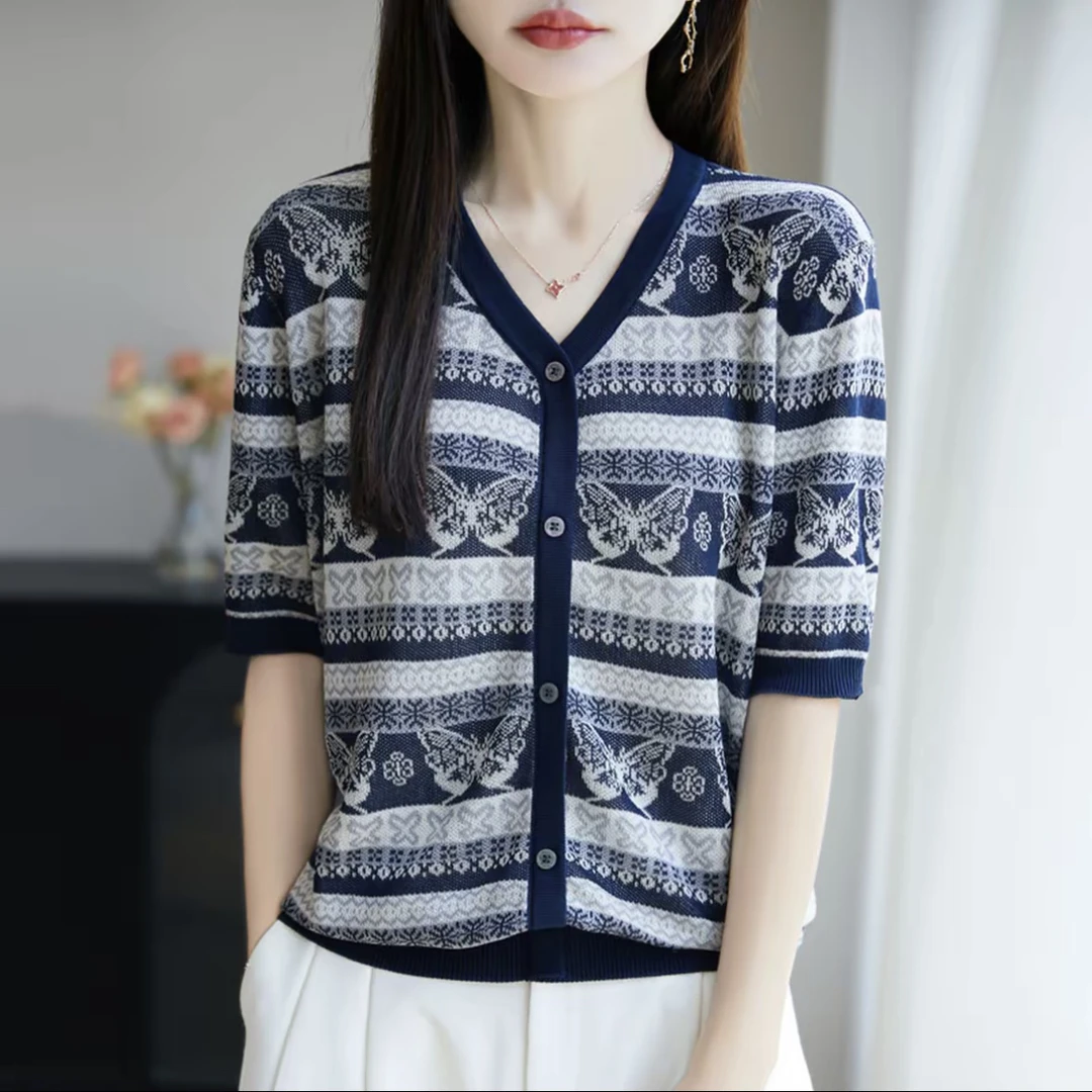 【莱赛尔100】复古V领短袖针织假开衫薄款拼色蝴蝶提花小衫0623/XSM