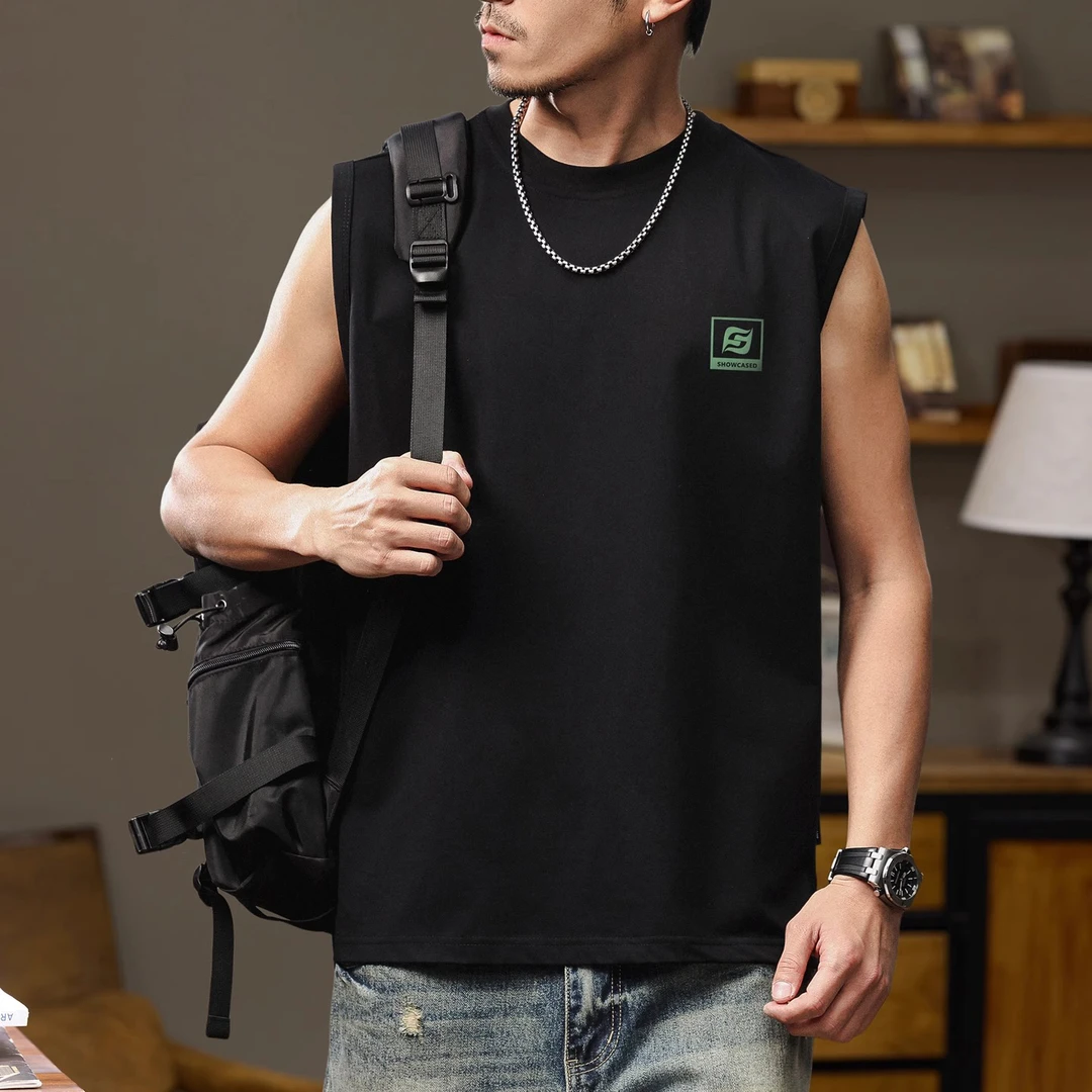 MR.MUDI/穆迪先生美式复古印花无袖背心T恤男夏宽松休闲坎肩短袖