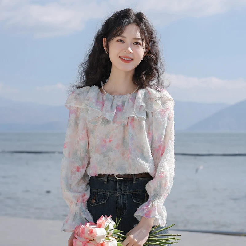 慕兔韩系小清新碎花纯欲风露肩衬衫女2024春季新款荷叶边短上衣