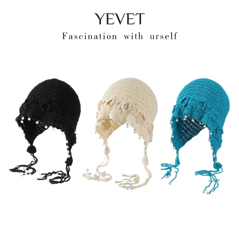 YEVET夏季手工立体钩花珍珠流苏花朵套头帽