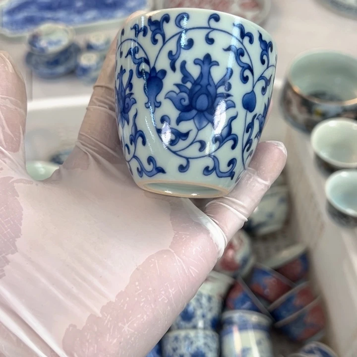 瓷片白青花缠枝莲铃铛主人杯全品