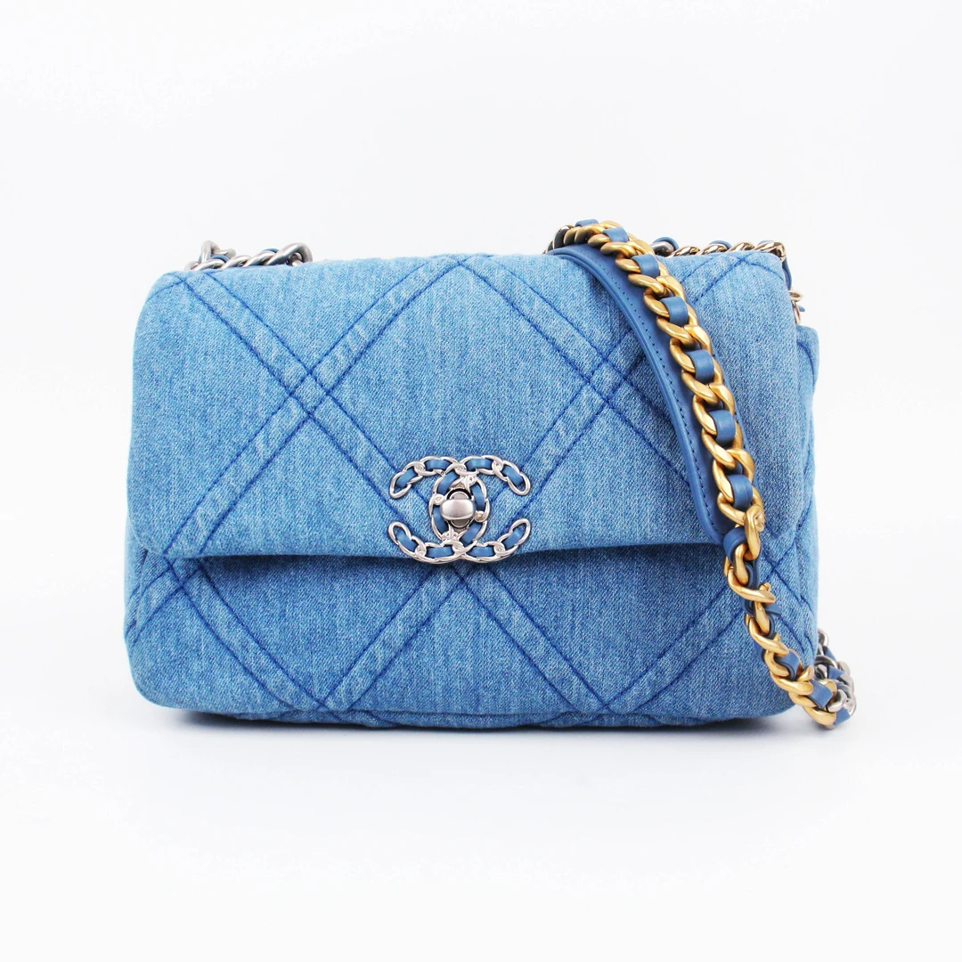 95新 Chanel/香奈儿 70107B蓝色丹宁19Bag小号手提单肩斜挎包