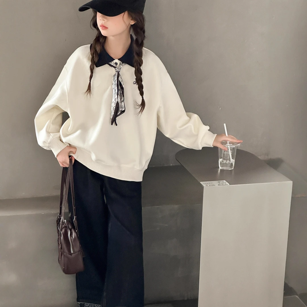 高品质女童丝巾卫衣秋季2025新款春秋长袖时尚韩版气质牛仔裤休闲