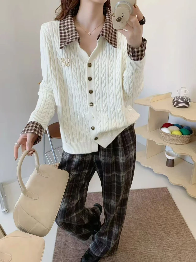 千绒纱衬衫格子领假两件针织大码修身712