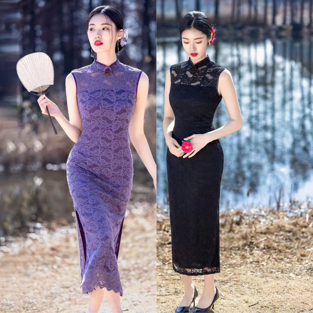 【欣蕾】春夏年轻少女款无袖蕾丝复古新中式旗袍修身显瘦日常连衣裙