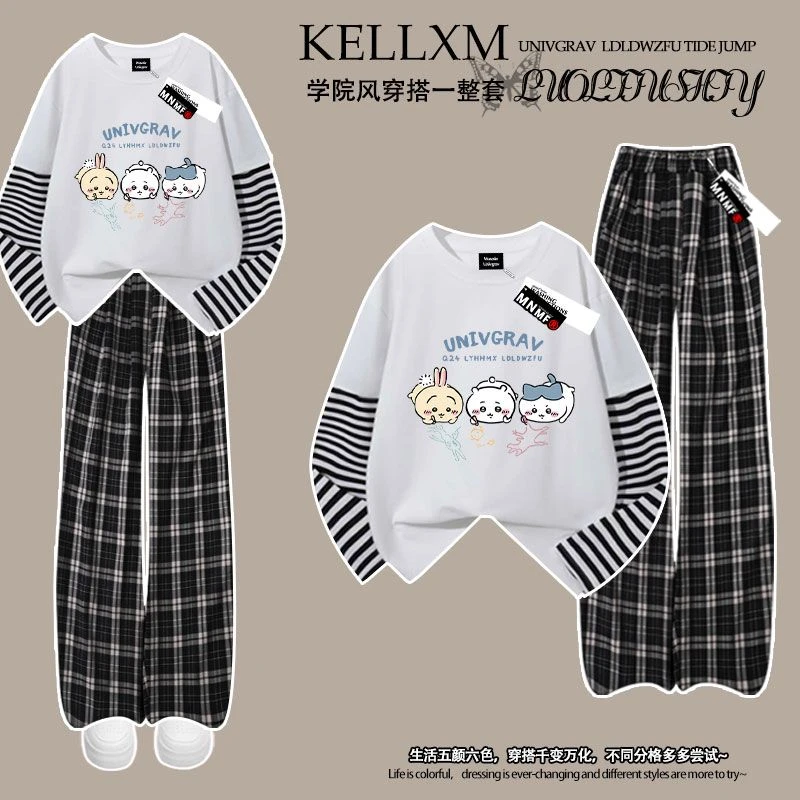 100%纯棉吉伊卡哇印花春秋新款男女童拼接长袖t恤格子裤套装学生