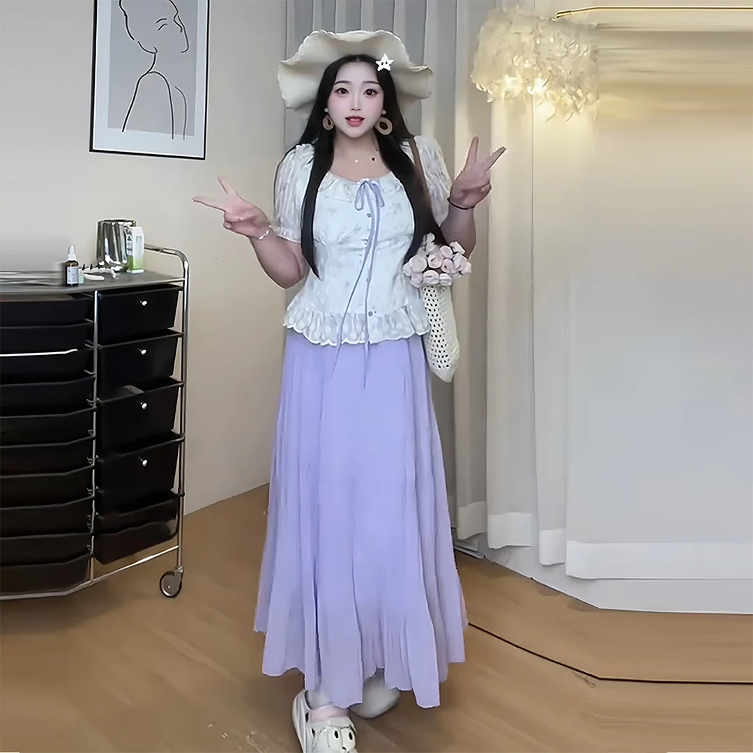 大码法式温柔风套装女夏季胖mm显瘦甜美减龄刺绣小衫半身裙两件套