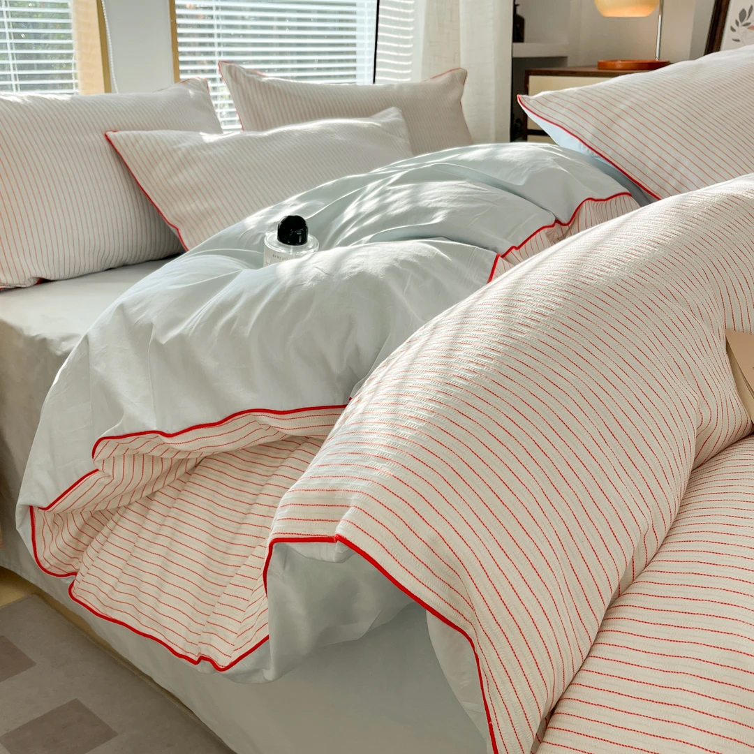 【森韵】三层纱水洗棉全棉色织提花莫兰迪色系滚绳款四件套