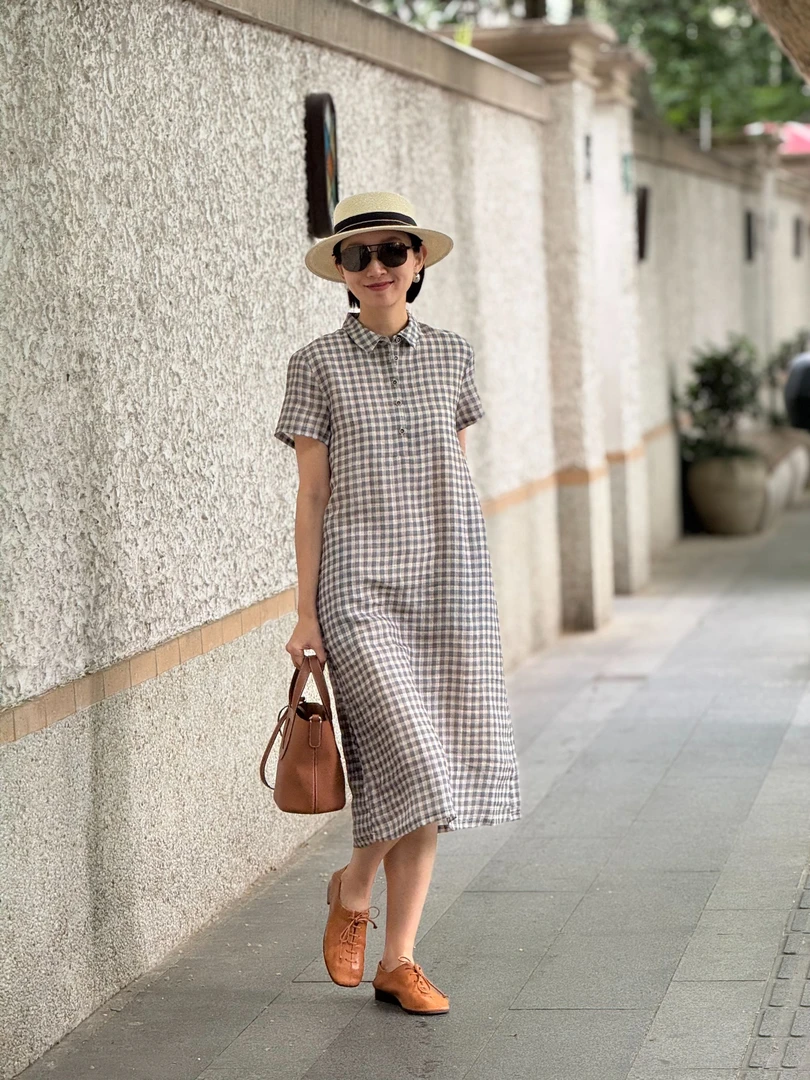 （YY推荐）盛夏午后时尚夏季中长款宽松经典格子显瘦女士长裙