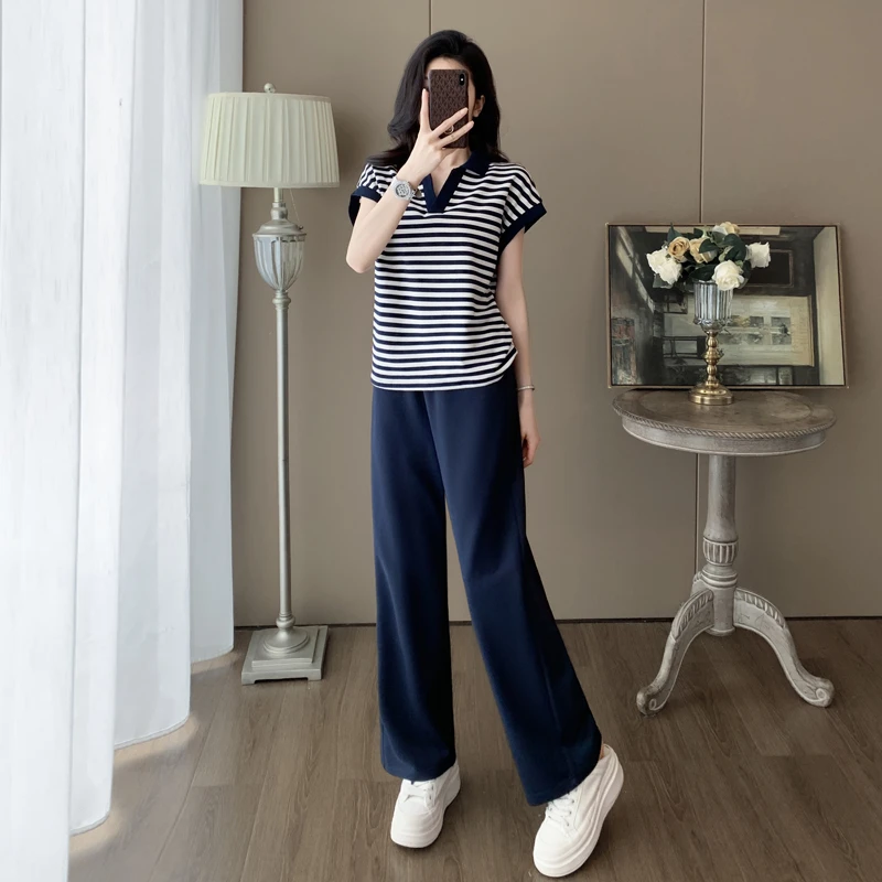 时尚减龄条纹套装洋气衣服女2025夏季新款休闲短袖阔腿裤两件套
