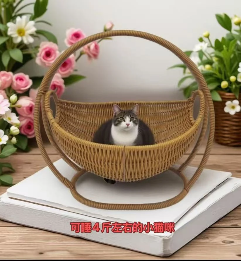 DL25网红猫咪摇摇篮手工编织仿藤水果篮33*33