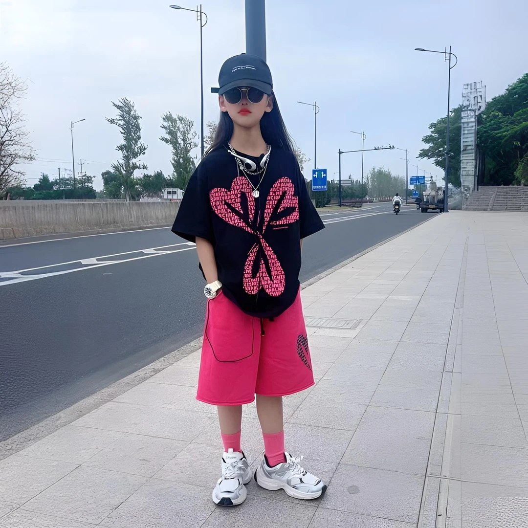 女童2025新款儿童装夏装短袖洋气时髦宽松印花t恤时尚短裤两件套