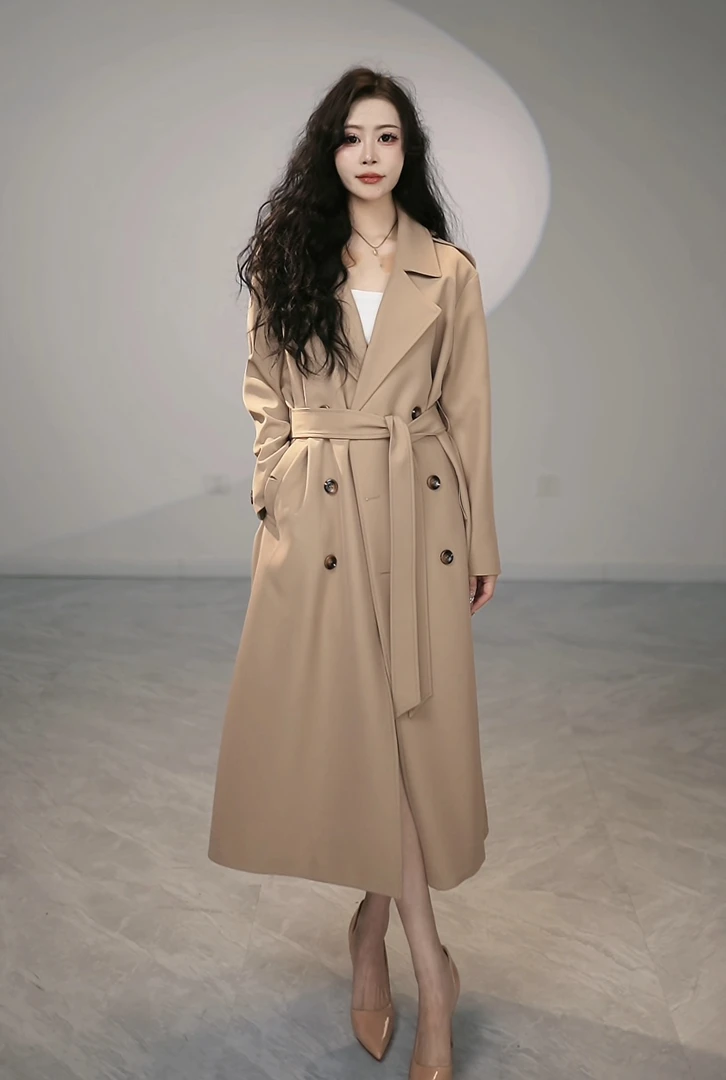 【城市漫步】风衣女款2025春季新款高级休闲双排扣长款过膝外套大衣