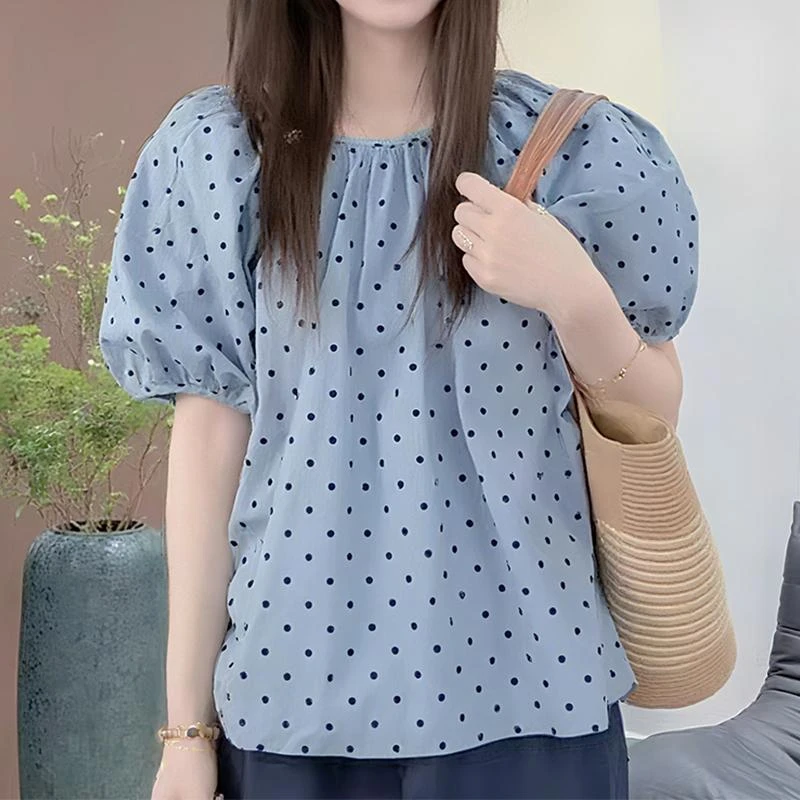 韩系慵懒风波点印花圆领小衫夏季新款减龄时尚洋气百搭褶皱上衣女