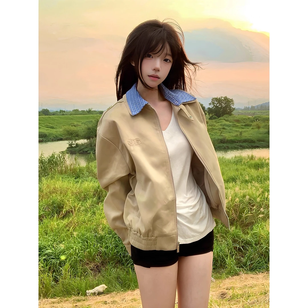 复古撞色miu系翻领夹克女秋季格子拼接工装外套慵懒风假两件上衣