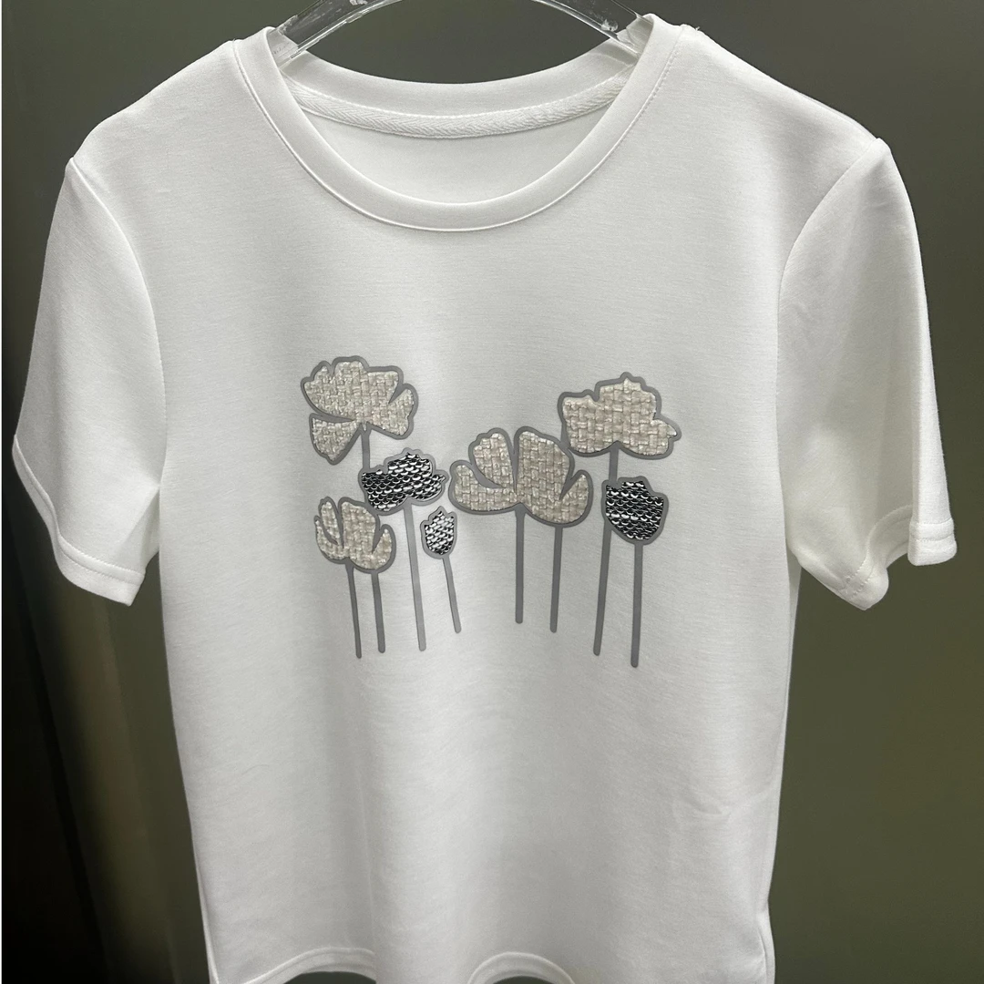 欧洲站NR2025春款设计感圆领重工花朵显瘦短袖T恤上衣女7039