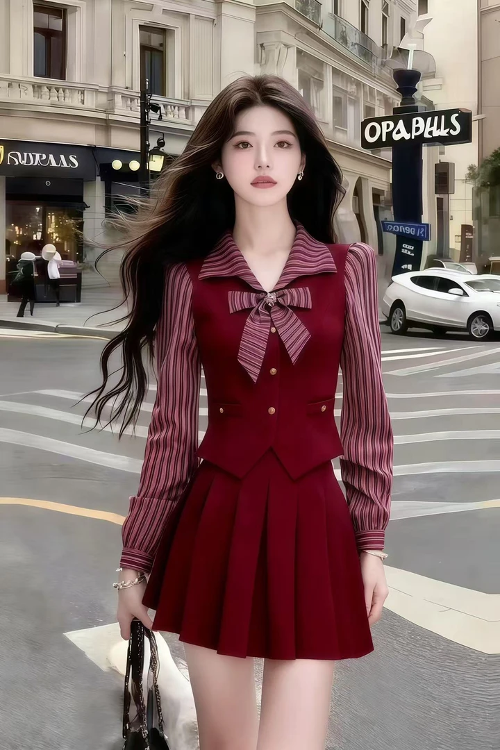 休闲通勤风酒红色条纹拼接长袖修身上衣+酒红色百搭高腰半裙套装